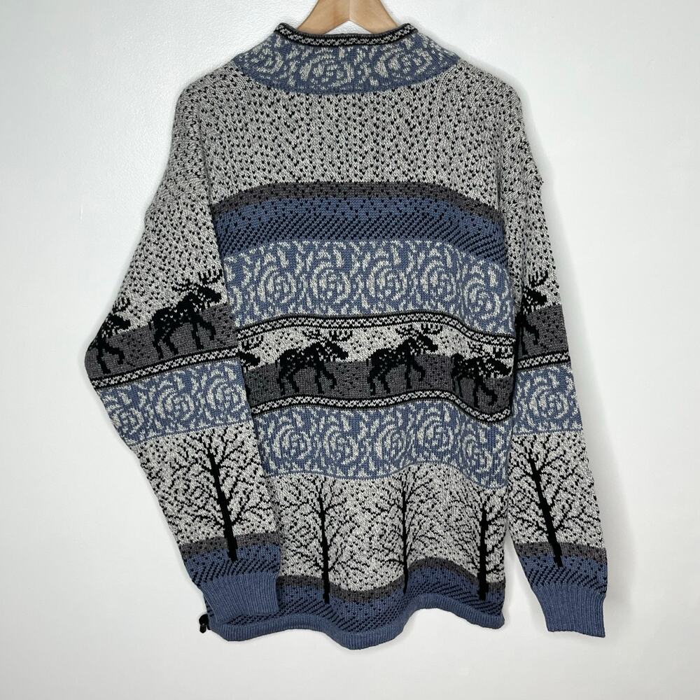 Vintage Levandi Quarter Zip Wool Sweater Mens Medium Blue Moose Fair Isle Cabin - Picture 9 of 10